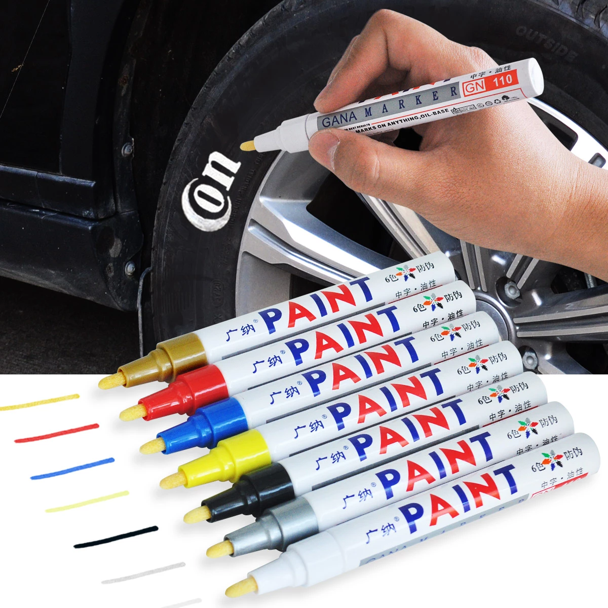 Set de Plumones para Neumáticos – 12 Colores también puro blancos  Vibrantes a Prueba de Agua + un collar de regalo